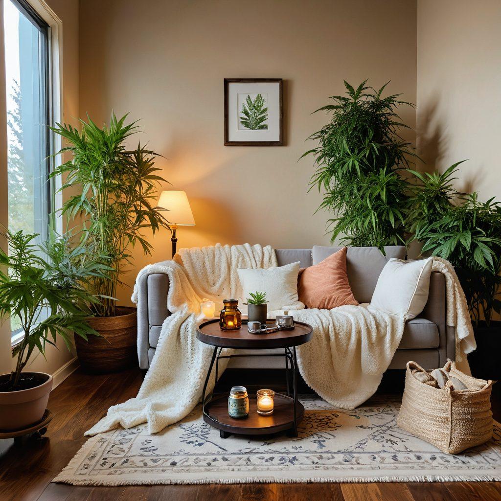 A calming scene featuring a serene indoor space with soft lighting, lush greenery, and a variety of cannabis accessories like CBD oils, rolling papers, and decorative jars. Include a cozy reading nook with a fluffy blanket and a steaming cup of herbal tea, symbolizing relaxation and self-care. The atmosphere should exude tranquility and joy, inviting viewers to embrace the benefits of cannabis for stress relief. super-realistic. warm tones. soft focus.