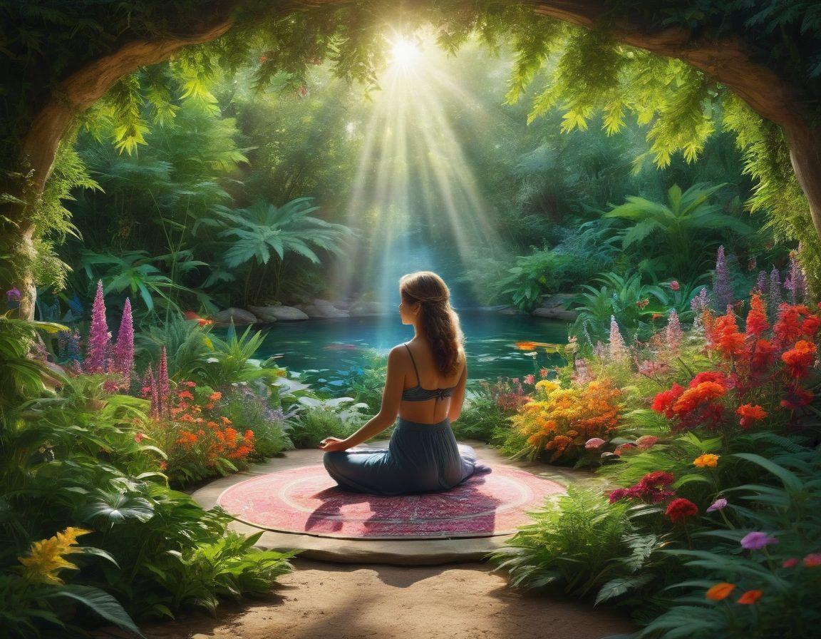 A serene garden scene with vibrant cannabis plants and herbal bongs, surrounded by colorful flowers and healing crystals. A soft sunlight filters through the leaves, casting gentle shadows, creating a calming atmosphere. Include a person meditating peacefully amidst the greenery, radiating joy and tranquility. The image should evoke feelings of healing and natural harmony. super-realistic. vibrant colors.