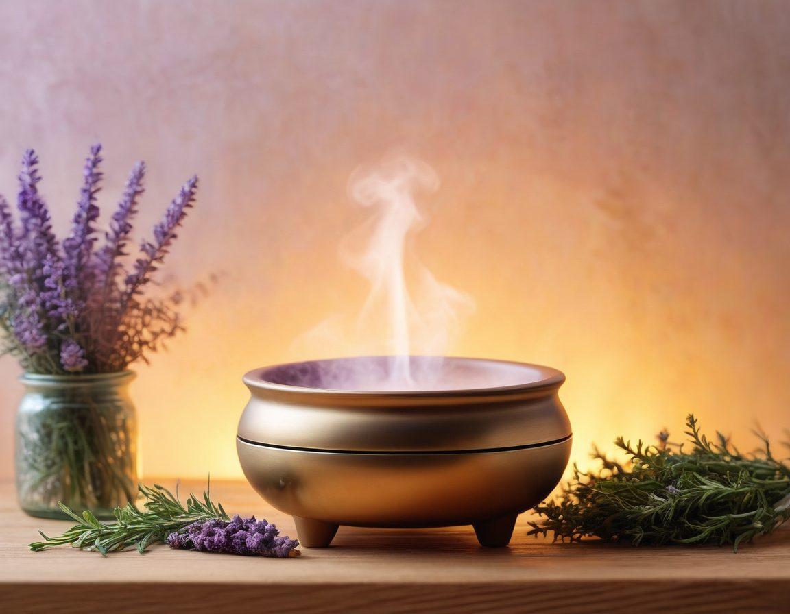 A soothing scene featuring an elegant smoking device surrounded by various fresh herbs like rosemary, chamomile, and lavender. Soft golden light filters through, creating a serene ambiance, with a hint of steam rising to evoke a sense of wellness. Include gentle floral patterns in the background to enhance the connection to nature and health. Illustrate a person meditating nearby, showcasing inner peace and balance. super-realistic. vibrant colors. light background.